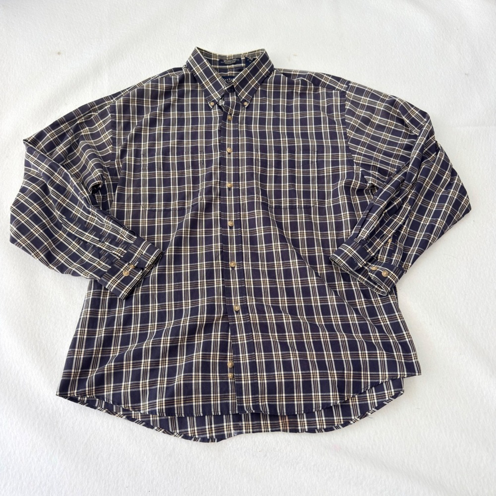 Van Heusen Mens Large Plaid Button Down Shirt Navy Blue Wrinkle Free 635946